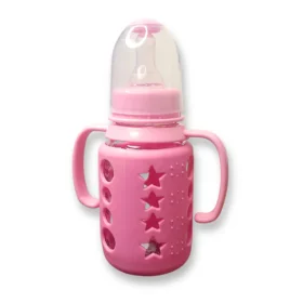 Premium Glass Feeding Bottle | 120 ml | Colorful Sleeve & Training Handle