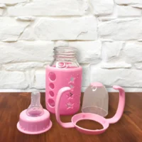Premium Glass Feeding Bottle | 120 ml | Colorful Sleeve & Training Handle
